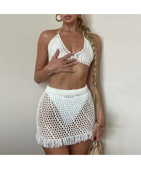 Summer Beach Outfits Women Holiday Two Piece Set Y2K Knitted Crochet Chest Wrap Tie Up Bra Top + Tassel Skirt Sets $30.77 - S...