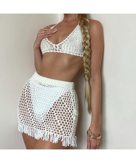 Summer Beach Outfits Women Holiday Two Piece Set Y2K Knitted Crochet Chest Wrap Tie Up Bra Top + Tassel Skirt Sets $30.77 - S...