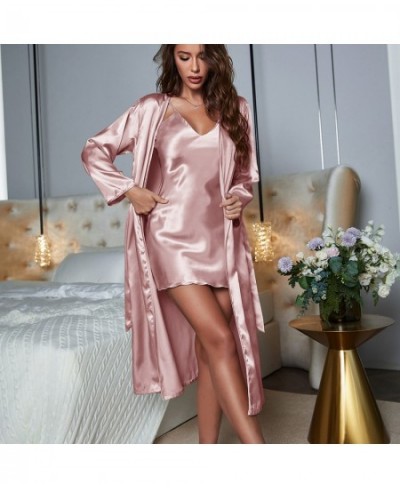 Mid Length Bathrobe With Night Dress For Women Summer Autumn Nightgown Silk Satin Pajamas Set Night wear Sleepwear Dress $37....