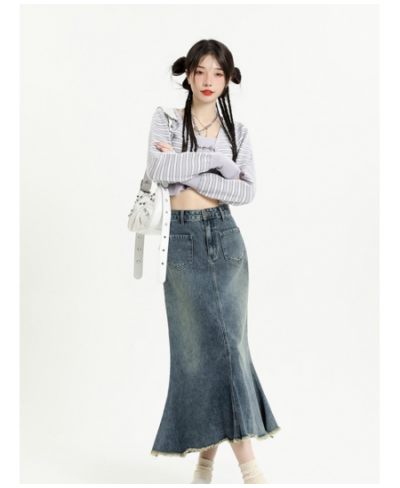 Nostalgic Blue Denim Skirt Women's Slim Wrap Hip Skirt 2023 Spring Summer Fashion New Style High Waist Versatile Fishtail Ski...