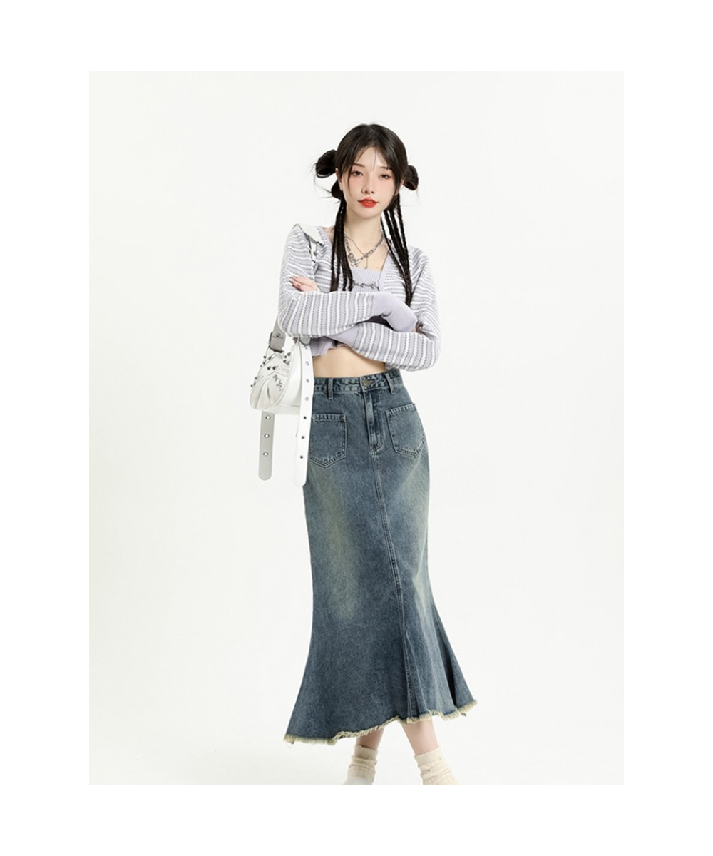 Nostalgic Blue Denim Skirt Women's Slim Wrap Hip Skirt 2023 Spring Summer Fashion New Style High Waist Versatile Fishtail Ski...