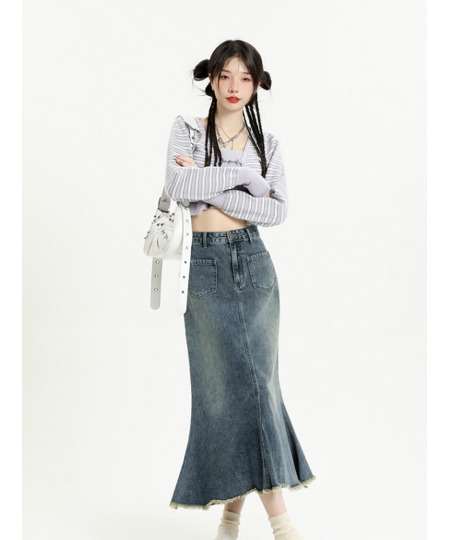 Nostalgic Blue Denim Skirt Women's Slim Wrap Hip Skirt 2023 Spring Summer Fashion New Style High Waist Versatile Fishtail Ski...