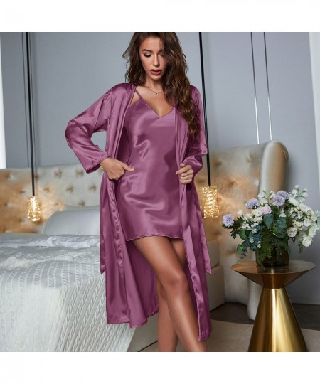 Mid Length Bathrobe With Night Dress For Women Summer Autumn Nightgown Silk Satin Pajamas Set Night wear Sleepwear Dress $37....