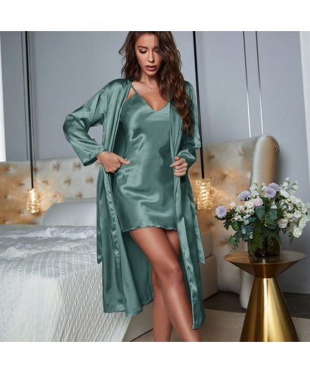 Mid Length Bathrobe With Night Dress For Women Summer Autumn Nightgown Silk Satin Pajamas Set Night wear Sleepwear Dress $37....