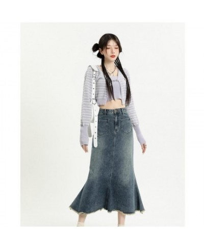 Nostalgic Blue Denim Skirt Women's Slim Wrap Hip Skirt 2023 Spring Summer Fashion New Style High Waist Versatile Fishtail Ski...