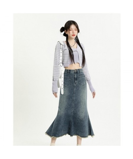 Nostalgic Blue Denim Skirt Women's Slim Wrap Hip Skirt 2023 Spring Summer Fashion New Style High Waist Versatile Fishtail Ski...