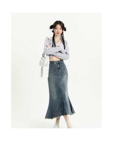 Nostalgic Blue Denim Skirt Women's Slim Wrap Hip Skirt 2023 Spring Summer Fashion New Style High Waist Versatile Fishtail Ski...