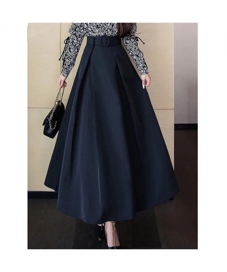 Office Ladies Formal Black Pleated Skirt Women High Waist Maxi Skirt With Belt 2021 New Korean Elegant Fashion Long Work Skir...