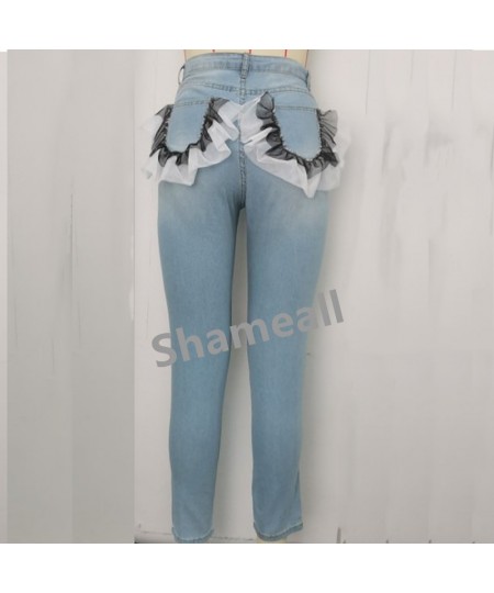 Plus Size Lace Ruffles Patchwork Pockets Low Rise Pencil Jeans 4XL Street Push Up Distressed Stretchy Ripped Skinny Denim Pan...