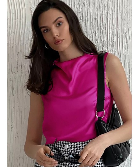 Elegant Sleeveless Women's Tops Ice Silk SatinTurtleneck Slim Pink Female Vest 2022 Summer Fashion Wild Fold Office Ladies To...