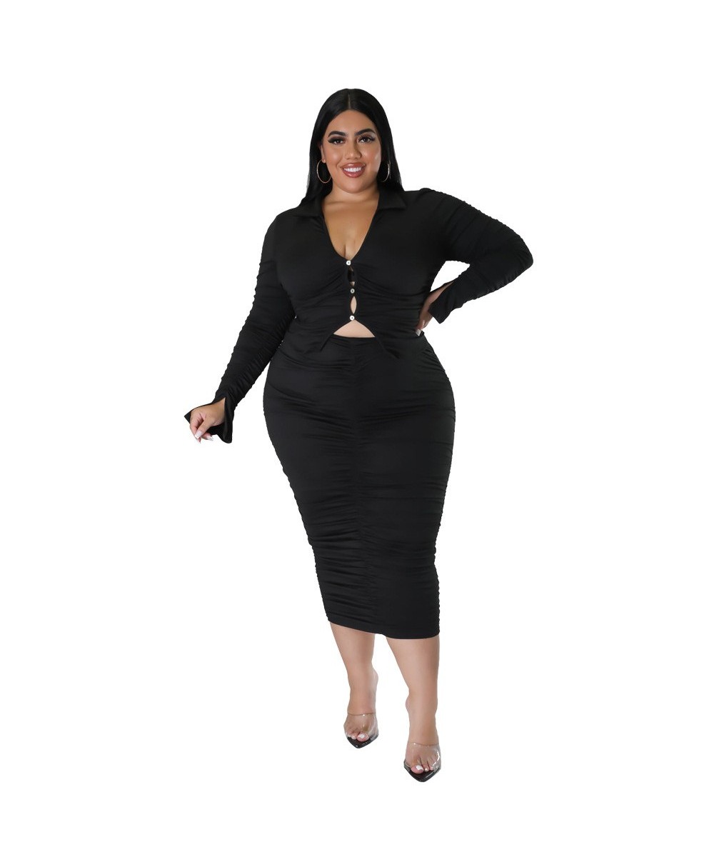 Plus Size Women's Two-piece Sets Casual Solid Color Pleated Suit Sexy V-neck Top With Skirt Elegant Large Size Ladies Outfits...