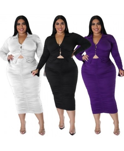 Plus Size Women's Two-piece Sets Casual Solid Color Pleated Suit Sexy V-neck Top With Skirt Elegant Large Size Ladies Outfits...