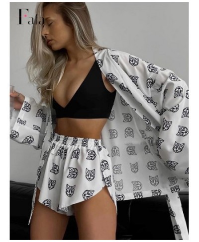 Women Printed Shorts 2 Piece Sets Fashion V-neck Long Sleeve Lace Up Top Outfits Female Casual Sleepwear High Waist Shorts Su...