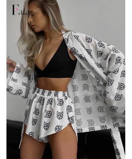 Women Printed Shorts 2 Piece Sets Fashion V-neck Long Sleeve Lace Up Top Outfits Female Casual Sleepwear High Waist Shorts Su...