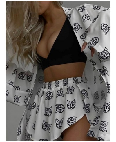 Women Printed Shorts 2 Piece Sets Fashion V-neck Long Sleeve Lace Up Top Outfits Female Casual Sleepwear High Waist Shorts Su...