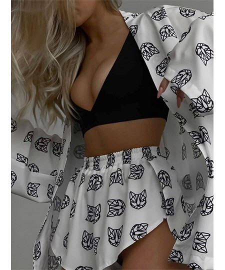 Women Printed Shorts 2 Piece Sets Fashion V-neck Long Sleeve Lace Up Top Outfits Female Casual Sleepwear High Waist Shorts Su...