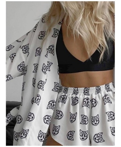 Women Printed Shorts 2 Piece Sets Fashion V-neck Long Sleeve Lace Up Top Outfits Female Casual Sleepwear High Waist Shorts Su...