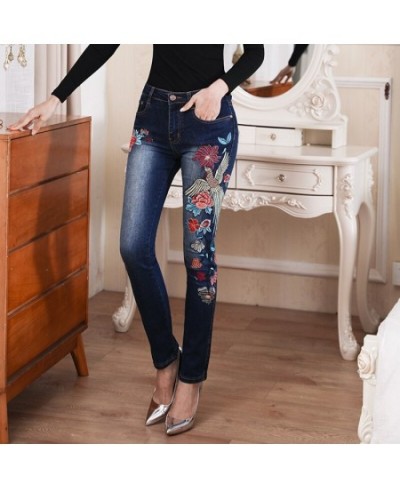 Embroidery Flower Skinny Jeans Beautiful Womens Clothing High Waist Pants Plus Size Mom Pants $68.39 - Jeans