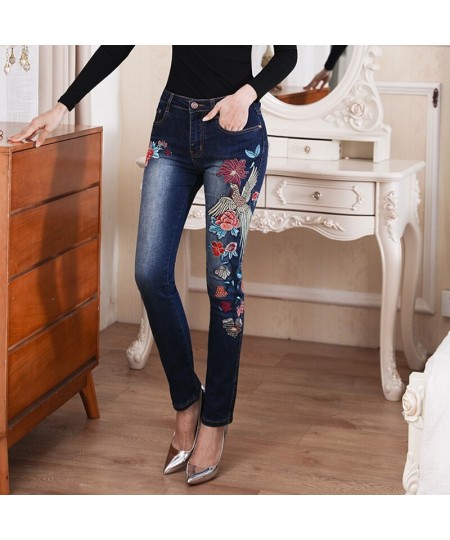 Embroidery Flower Skinny Jeans Beautiful Womens Clothing High Waist Pants Plus Size Mom Pants $68.39 - Jeans