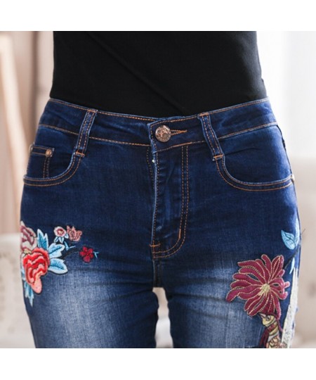 Embroidery Flower Skinny Jeans Beautiful Womens Clothing High Waist Pants Plus Size Mom Pants $68.39 - Jeans