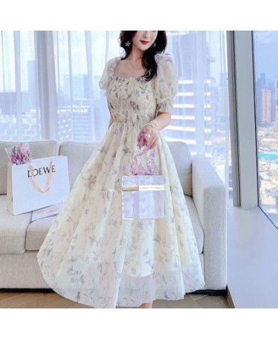 2023 Summer New French Ink Painting Bubble Sleeve Lace Chiffon Dress Sweet Printed Princess Casual Mini Dresses Party Sundres...