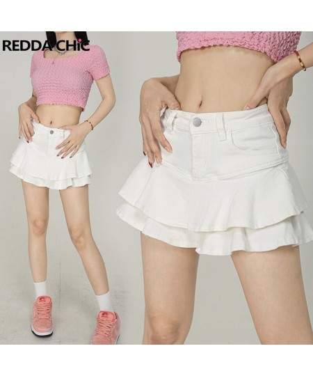 White Ruffle Women Denim Skirt Mini Short Jeans Bottoms Stretchy Skort Lining Low-rise Cake Skirt Y2k Fairycore Grunge $48.97...