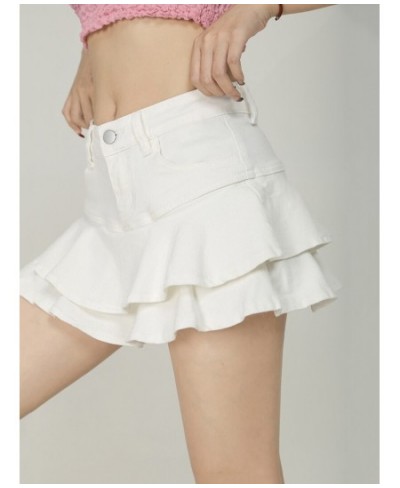 White Ruffle Women Denim Skirt Mini Short Jeans Bottoms Stretchy Skort Lining Low-rise Cake Skirt Y2k Fairycore Grunge $48.97...