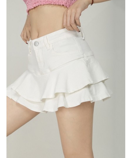 White Ruffle Women Denim Skirt Mini Short Jeans Bottoms Stretchy Skort Lining Low-rise Cake Skirt Y2k Fairycore Grunge $48.97...