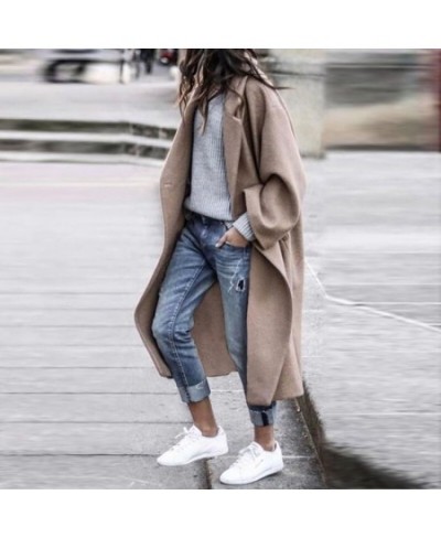 Women's Clothing Sprin Autumn and Winter Solid Color Loose Fashion Long Lapel Wool Coat Jacket Wool Coat Slit Cardigan Jacket...