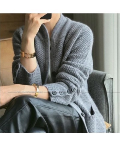 100% Pure Cashmere Cardigan Korean Style Thick V-neck Wool Sweater Women's Loose Knitted Cardigan 2022 Winter Trend Designer ...