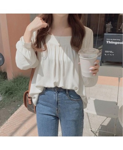 Blouses Women French Style Tender Classy Minimalist Square Collar Basic Autumn Feminino All-match Vintage Casual Top $25.36 -...