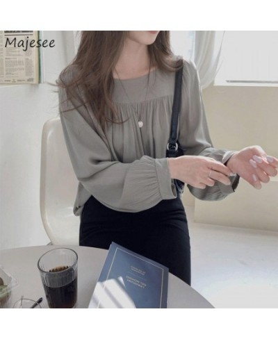 Blouses Women French Style Tender Classy Minimalist Square Collar Basic Autumn Feminino All-match Vintage Casual Top $25.36 -...