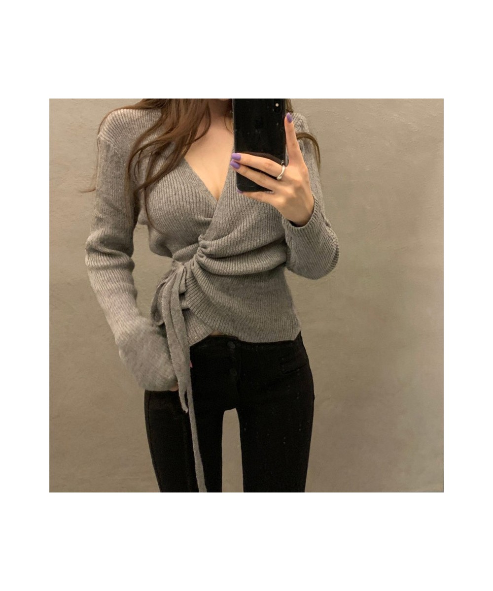 Autumn Winter Clothes Women Casual Long Sleeve Top Knitted Sweaters Sexy V Neck Drawstring Ruched Wrap Cardigan Sweater $37.2...