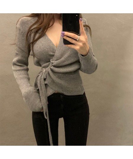 Autumn Winter Clothes Women Casual Long Sleeve Top Knitted Sweaters Sexy V Neck Drawstring Ruched Wrap Cardigan Sweater $37.2...