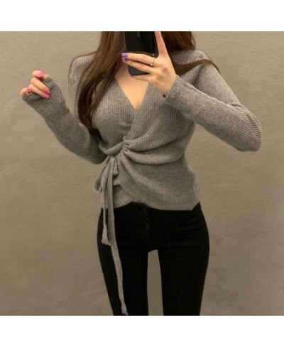 Autumn Winter Clothes Women Casual Long Sleeve Top Knitted Sweaters Sexy V Neck Drawstring Ruched Wrap Cardigan Sweater $37.2...