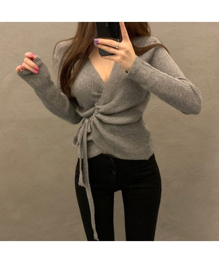 Autumn Winter Clothes Women Casual Long Sleeve Top Knitted Sweaters Sexy V Neck Drawstring Ruched Wrap Cardigan Sweater $37.2...