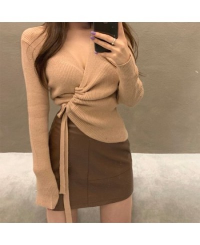 Autumn Winter Clothes Women Casual Long Sleeve Top Knitted Sweaters Sexy V Neck Drawstring Ruched Wrap Cardigan Sweater $37.2...