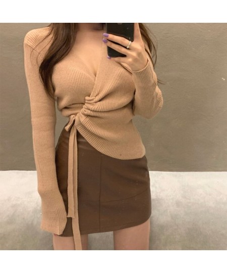 Autumn Winter Clothes Women Casual Long Sleeve Top Knitted Sweaters Sexy V Neck Drawstring Ruched Wrap Cardigan Sweater $37.2...