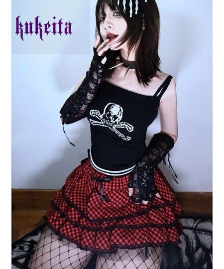 KuPunk Rock Plaid Short Skirt Y2k Harajuku High Waist Lace Pleated Mini Skirt Gothic Girls Streetwear Aesthetics Outfits $54....