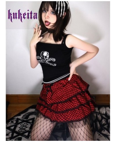 KuPunk Rock Plaid Short Skirt Y2k Harajuku High Waist Lace Pleated Mini Skirt Gothic Girls Streetwear Aesthetics Outfits $54....