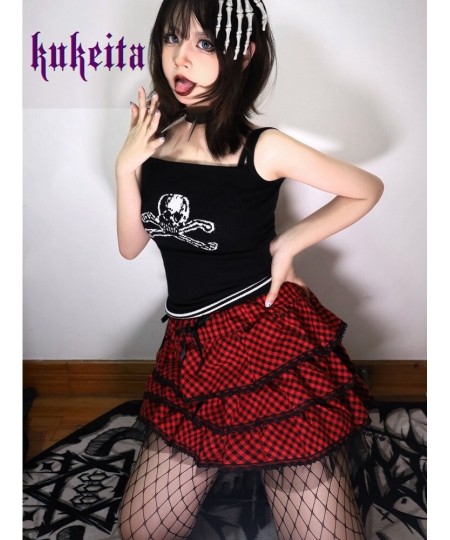 KuPunk Rock Plaid Short Skirt Y2k Harajuku High Waist Lace Pleated Mini Skirt Gothic Girls Streetwear Aesthetics Outfits $54....