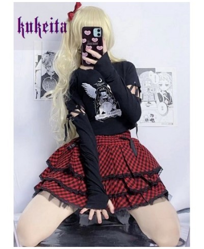 KuPunk Rock Plaid Short Skirt Y2k Harajuku High Waist Lace Pleated Mini Skirt Gothic Girls Streetwear Aesthetics Outfits $54....