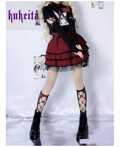 KuPunk Rock Plaid Short Skirt Y2k Harajuku High Waist Lace Pleated Mini Skirt Gothic Girls Streetwear Aesthetics Outfits $54....