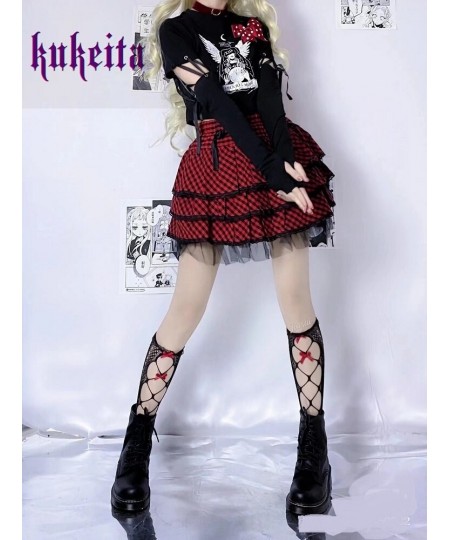 KuPunk Rock Plaid Short Skirt Y2k Harajuku High Waist Lace Pleated Mini Skirt Gothic Girls Streetwear Aesthetics Outfits $54....