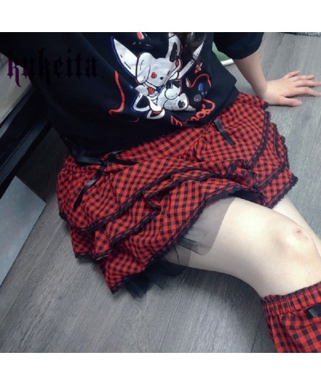 KuPunk Rock Plaid Short Skirt Y2k Harajuku High Waist Lace Pleated Mini Skirt Gothic Girls Streetwear Aesthetics Outfits $54....