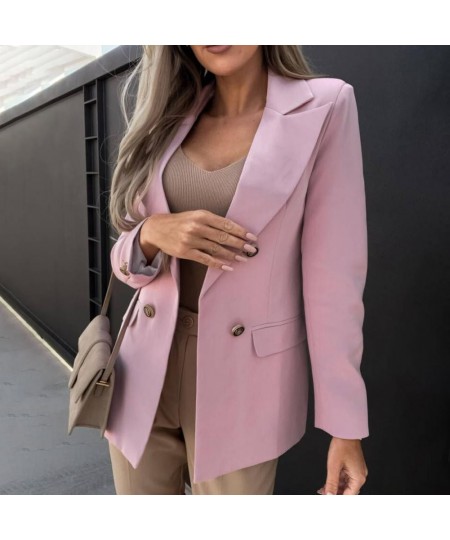 Elegant Women's Blazer Double-breasted Placket Long Sleeve Autumn Winter Solid Color Lapel Office Lady Suit Jacket Workwear $...