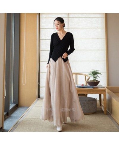 2023 Women's Dress Skirt New Spring and Summer Cotton and Hemp Flowing Skirt Elastic High Waist Vintage Elegance Long Skirt $...