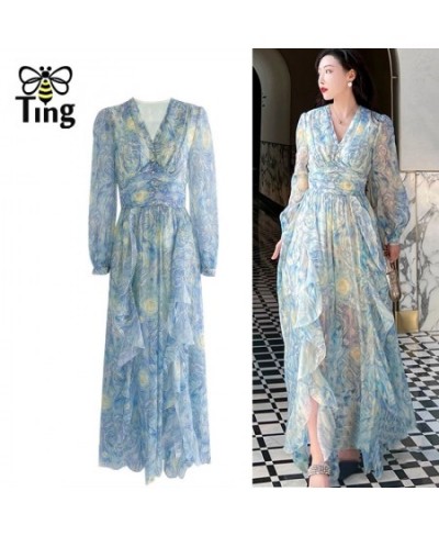 Vintage Painting Artistic Van Gogh Print Ruffles Chiffon Long Party Dresses Women Elegant High Waist A Line Casual Robes $54....