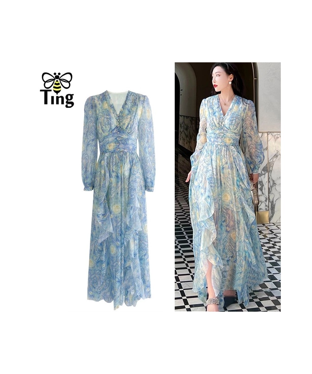 Vintage Painting Artistic Van Gogh Print Ruffles Chiffon Long Party Dresses Women Elegant High Waist A Line Casual Robes $54....