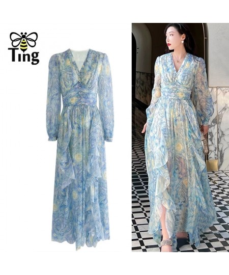 Vintage Painting Artistic Van Gogh Print Ruffles Chiffon Long Party Dresses Women Elegant High Waist A Line Casual Robes $54....